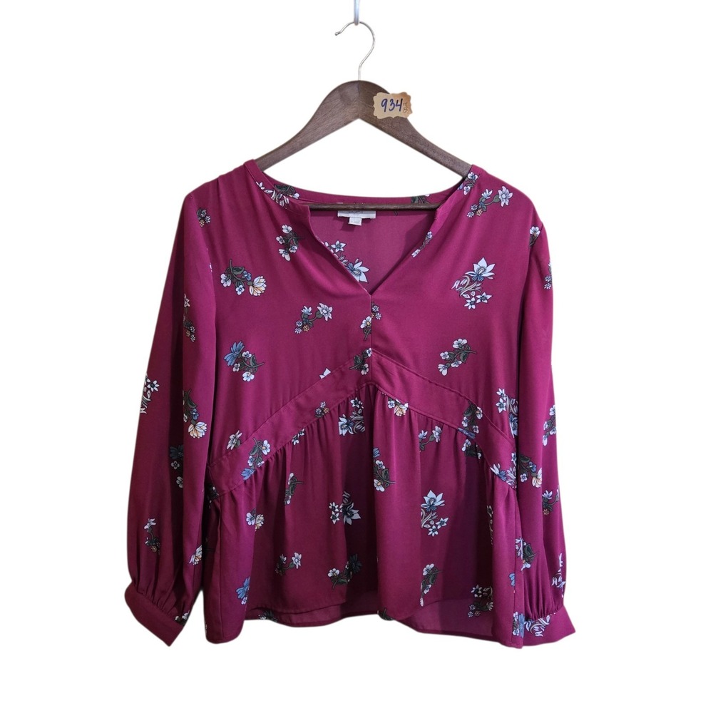 Loft Women's‎ Long Sleeve Blouse Size S Burgundy Floral Boho Hippie Peasant